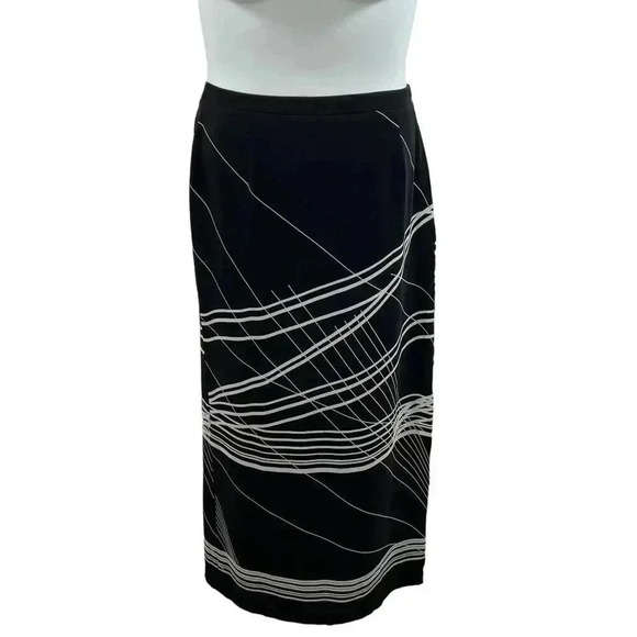 Nygard Collection Womens 100% Silk Pencil Skirt Black White Abstract Lines 10 - Picture 1 of 10